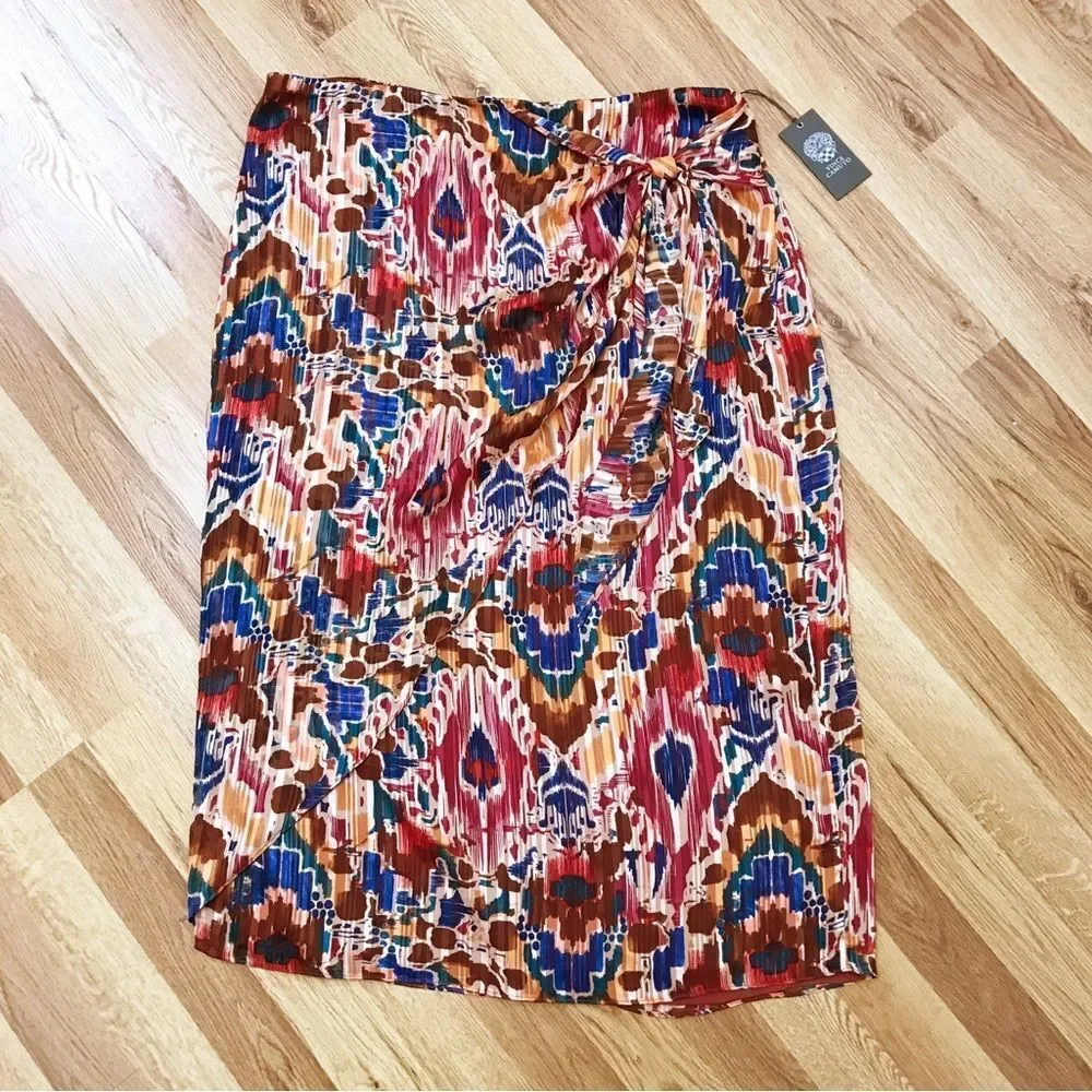 VINCE CAMUTO Tie Waist Midi Skirt Ikat Print Burgundy Orange Plus Size 1X 3X New